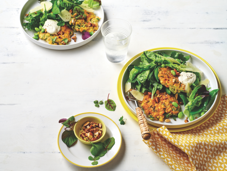 Golden chickpea fritters with spring salad