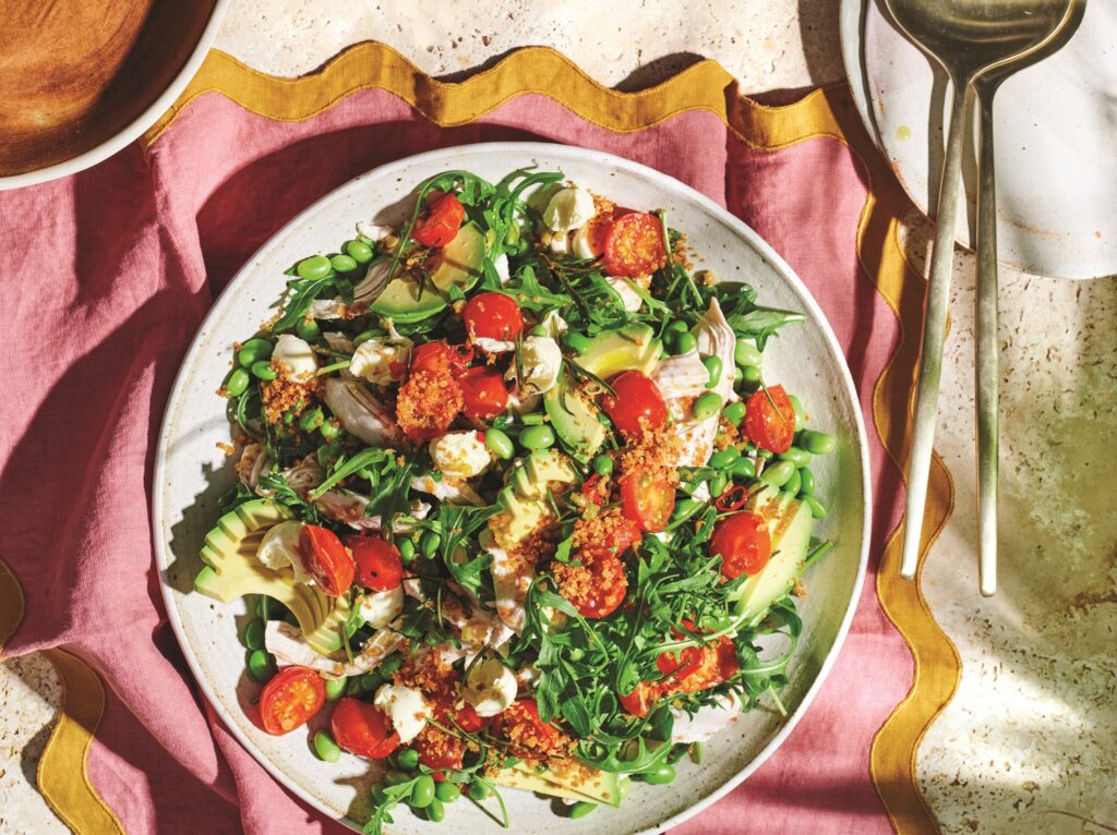 Chicken and mozzarella salad with warm tomato dressing