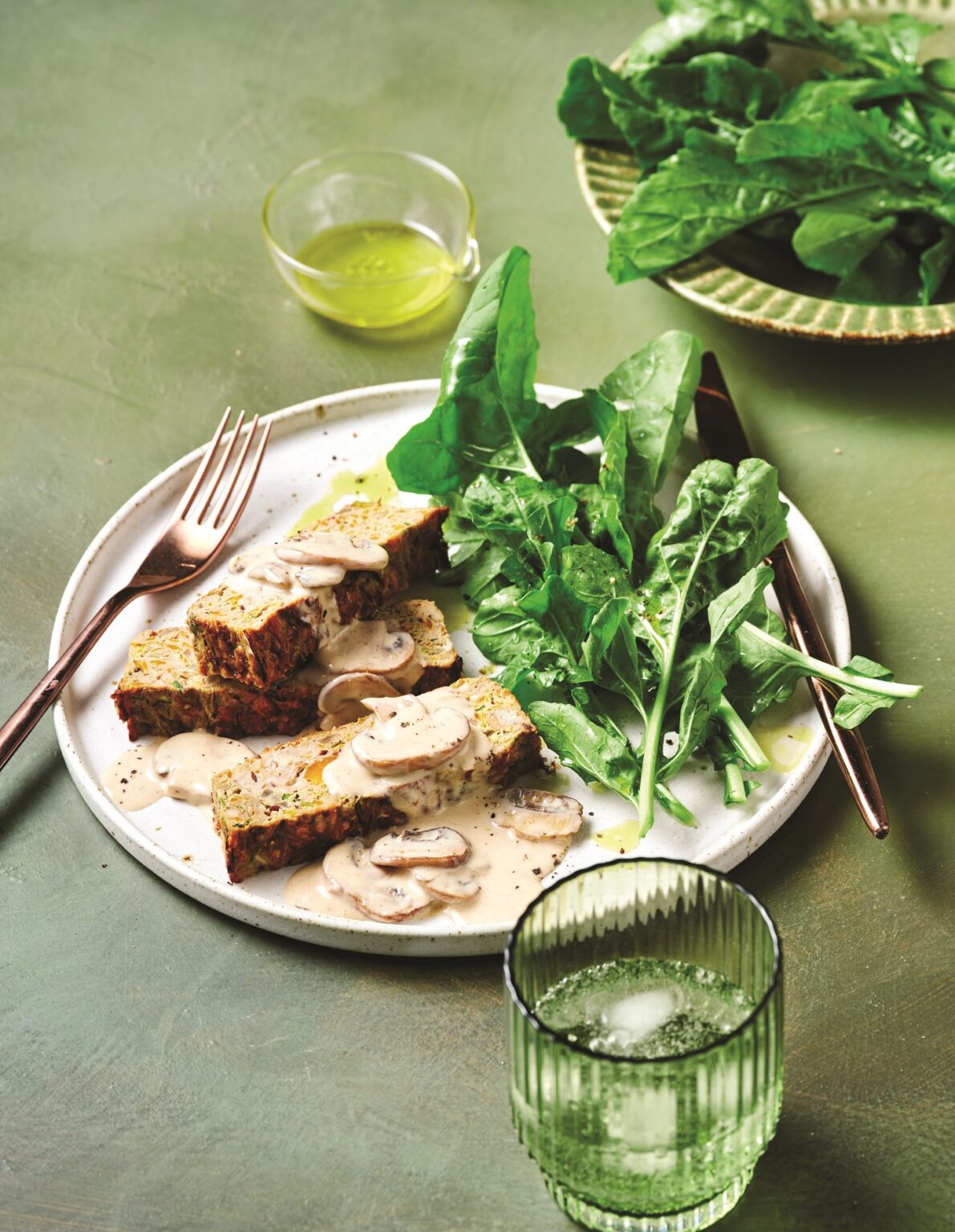 Chicken and veg loaf with yoghurt and mushroom sauce