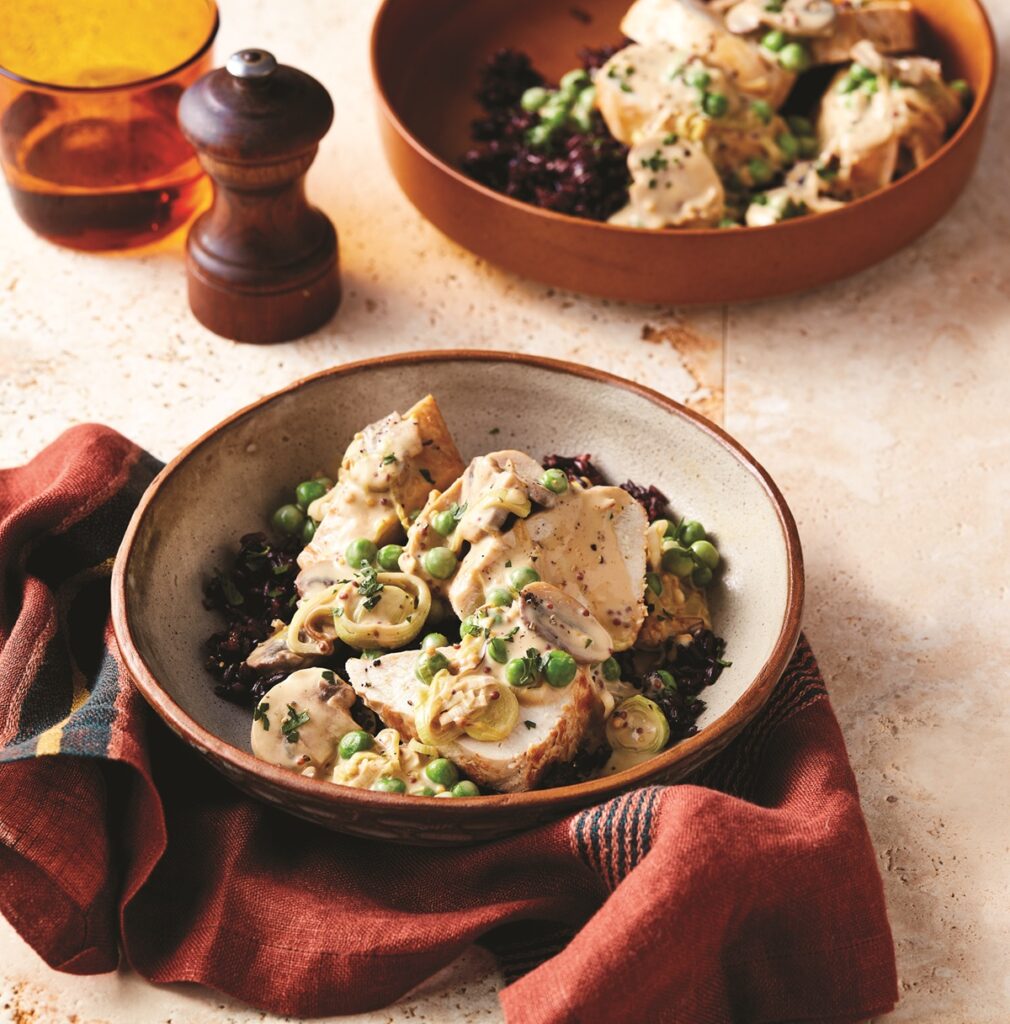 Creamy mustard and leek chicken with black rice