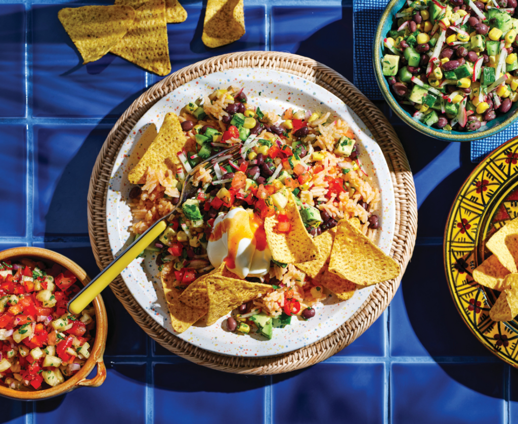 Mexican rice with black bean salad and pineapple salsa