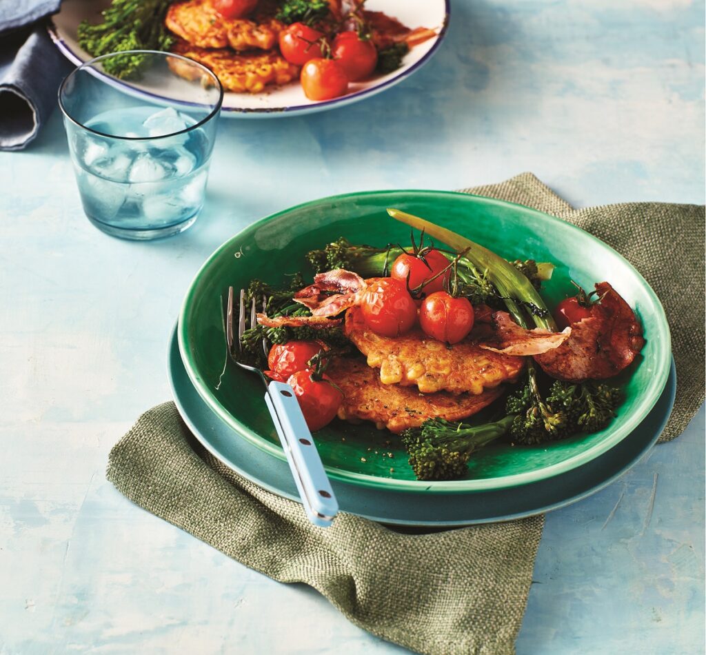 Sweetcorn fritters with broccolini