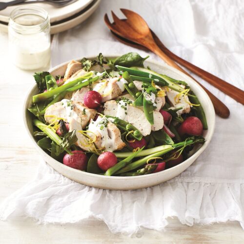 Chicken with roasted radish and pea salad