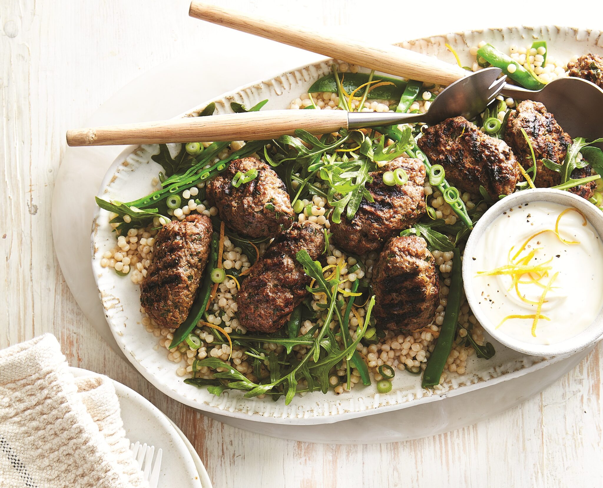 Moroccan beef koftas with snow pea pearl couscous