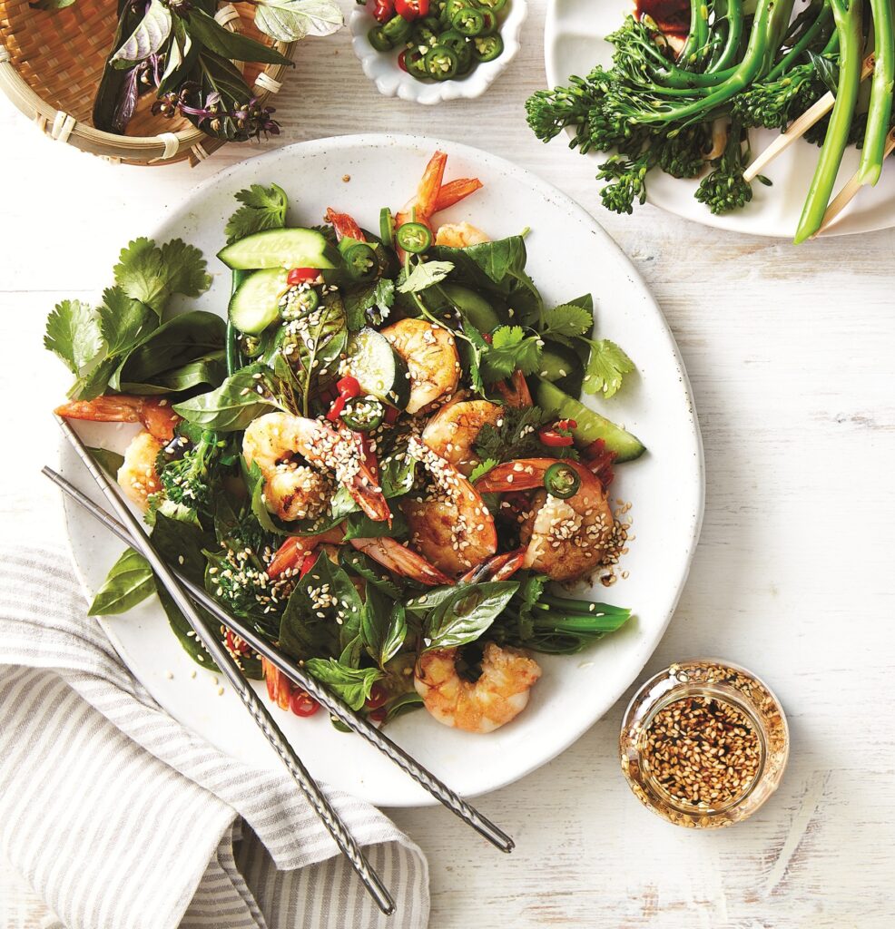 Prawns with sesame cucumber chilli salad Prawns with sesame cucumber chilli salad