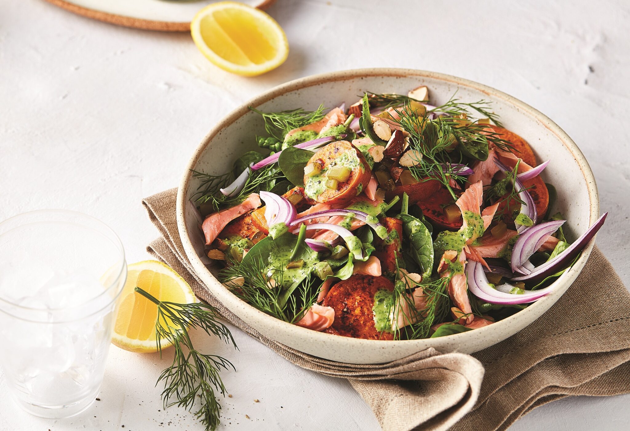 Sweet potato salad with hot-smoked salmon and spinach dressing