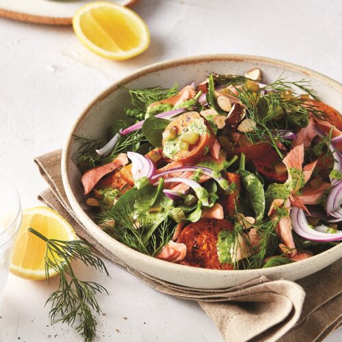 Sweet potato salad with hot-smoked salmon and spinach dressing