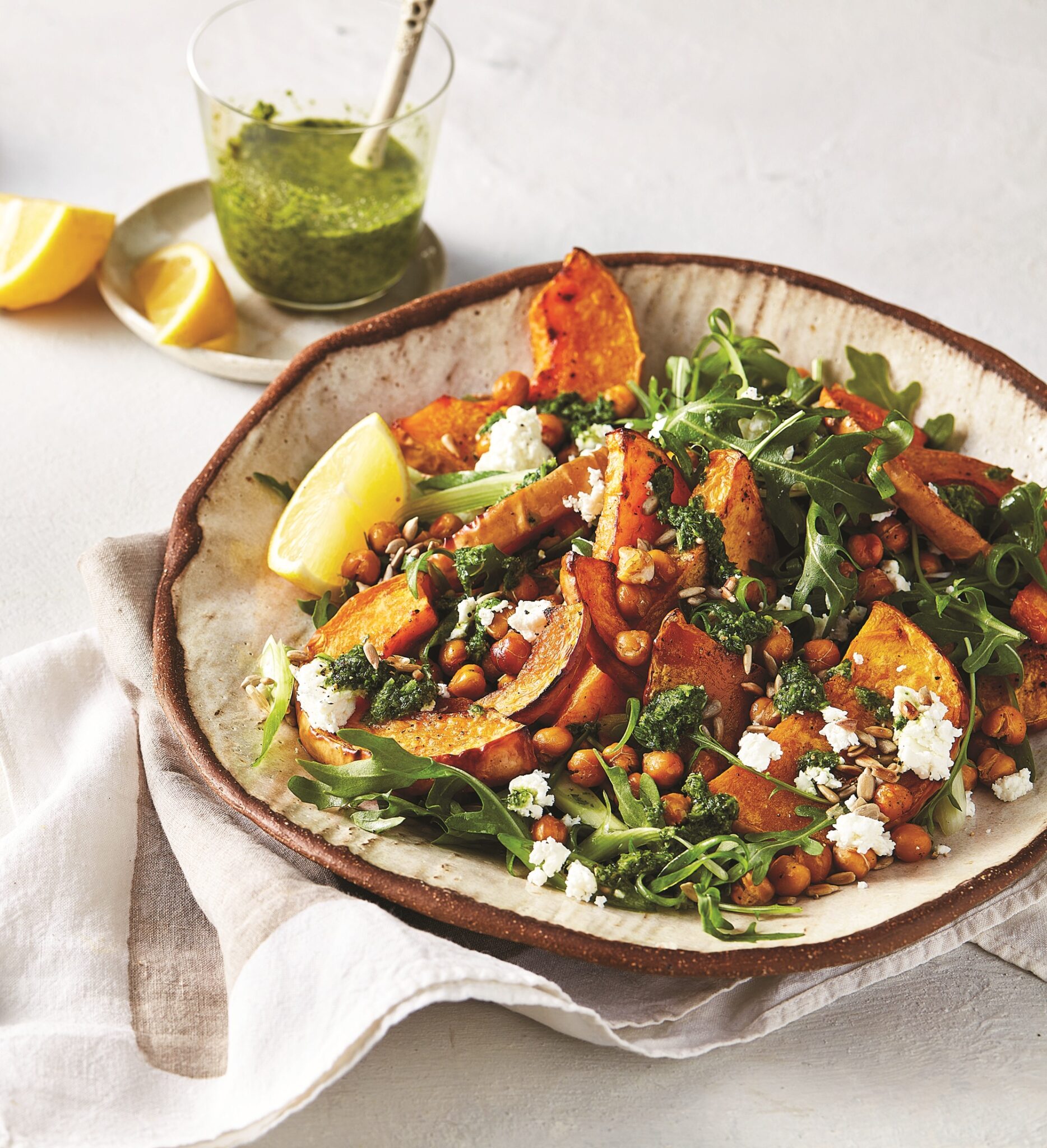 Honey roasted pumpkin with lemon chickpeas and rocket pesto