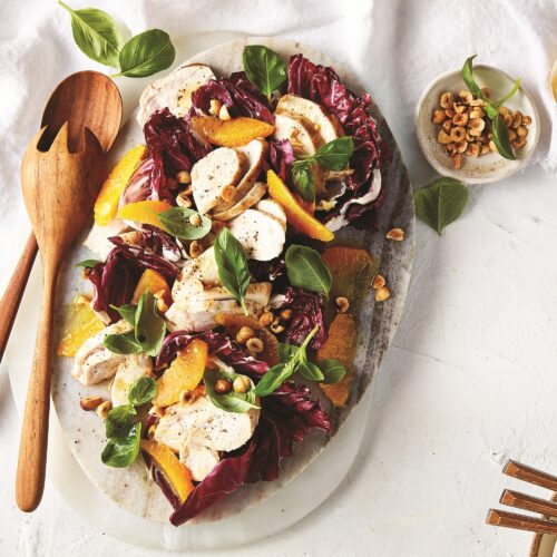 Pan-fried chicken, orange and radicchio salad