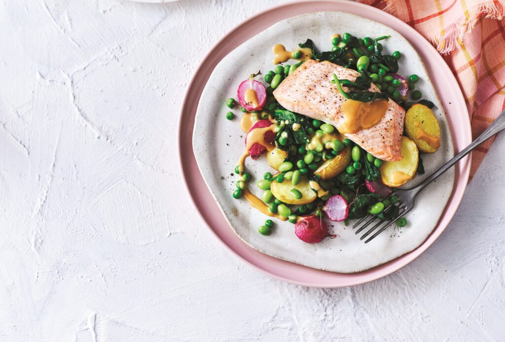 Salmon and veg bake for one Salmon and veg bake for one