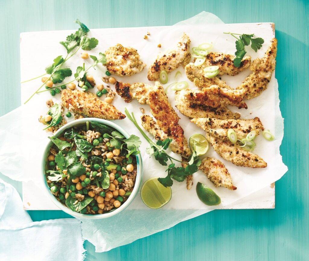 Coconut chicken tenders with spinach and rice