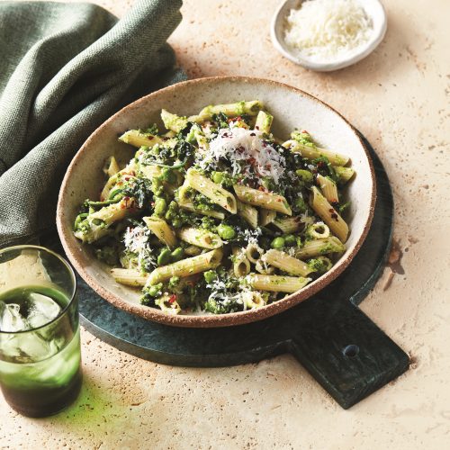 Gluten-free green pasta with edamame and parmesan