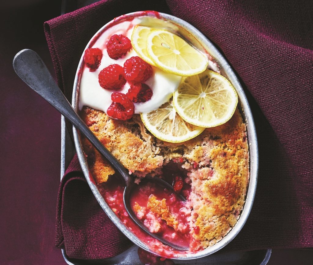 Lemon and raspberry self-saucing puddings