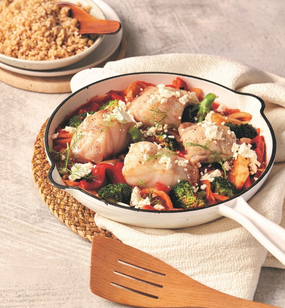 Fish saganaki with red pepper sauce