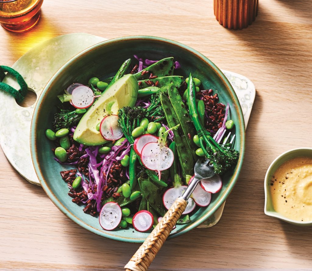 Black rice salad with blistered broccolini and miso dressing