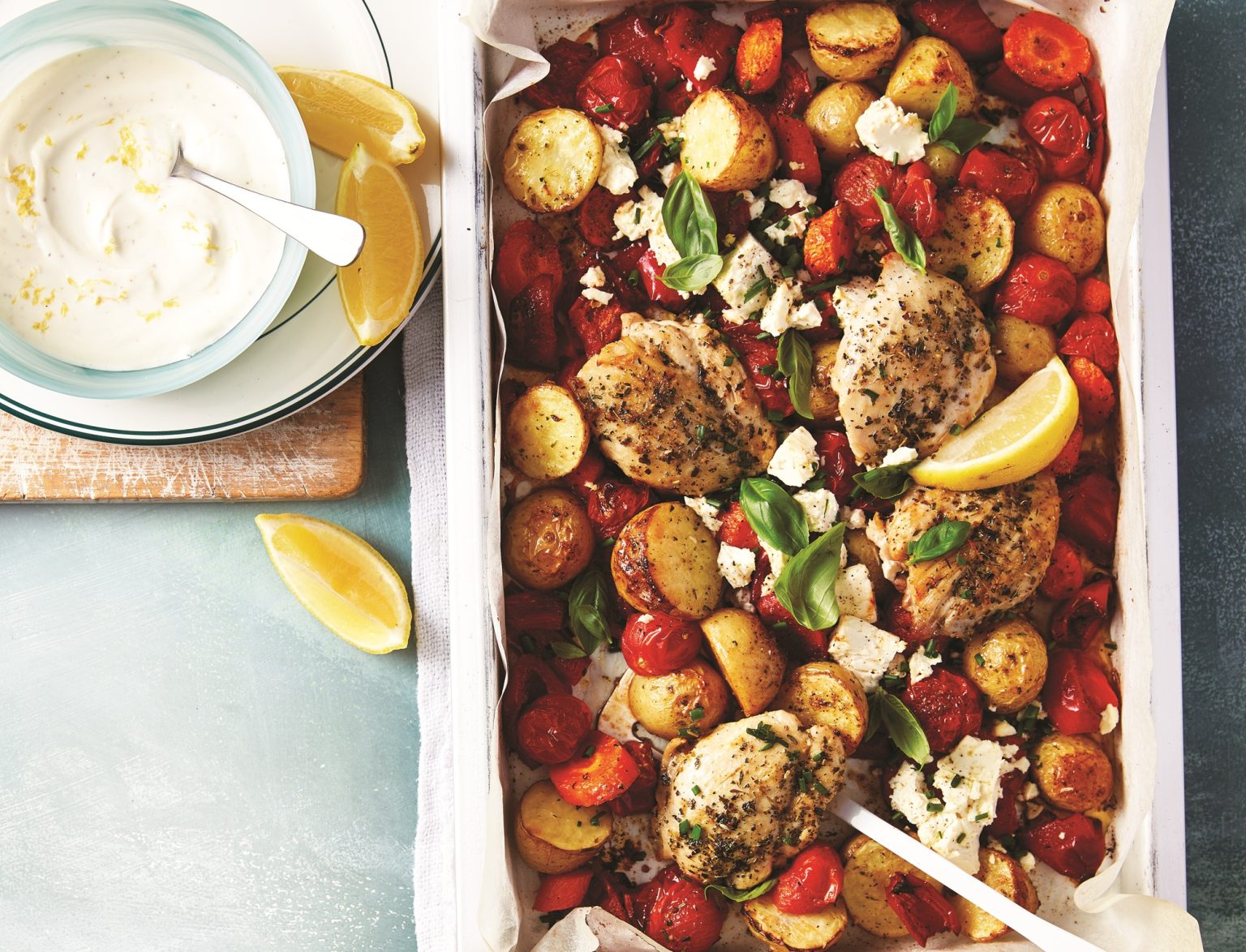 Chicken and new potato bake with lemon yoghurt dressing