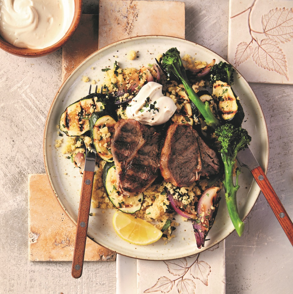 Lamb chops with chargrilled vegetable couscous and tahini yoghurt Lamb chops with chargrilled vegetable couscous and tahini yoghurt